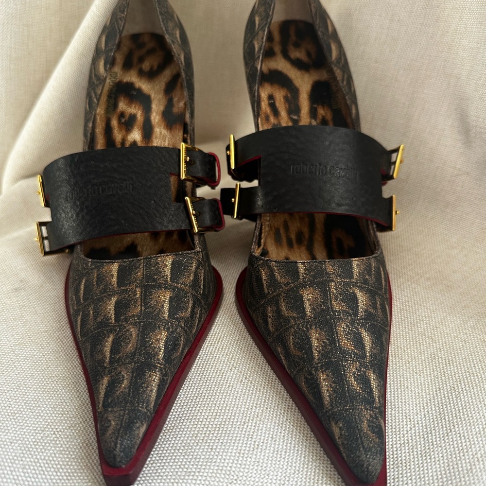 Roberto Cavalli Black and Brown Heels with Gold Hardware